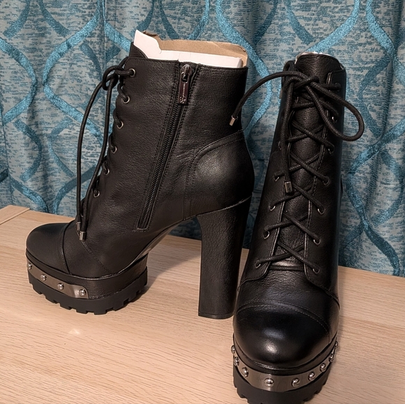 NEW Jessica Simpson Irella Black Leather Studded Combat Boots Sz 10 In Box - Picture 2 of 8